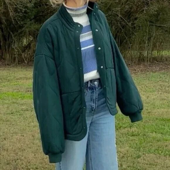 BLANKNYC Quilted Bomber Jacket Oversized Tencel Dark Green Evergreen Sz Small - Picture 5 of 5